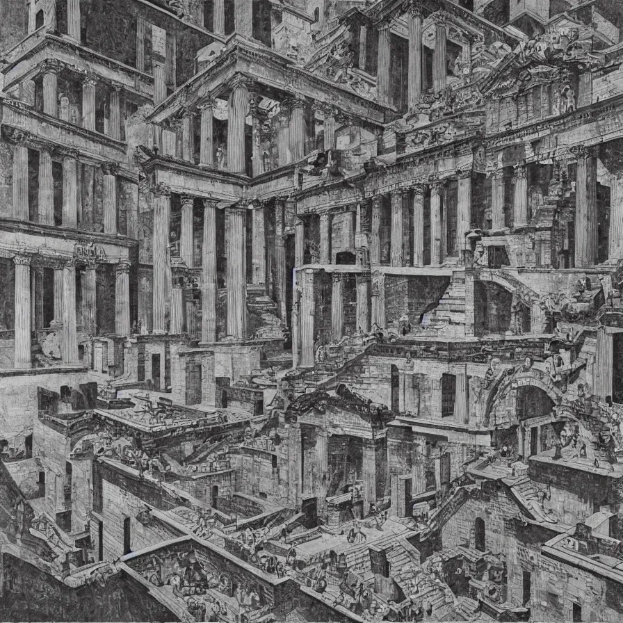 Prompt: trompe - l'oeil monochrome patterns about ancient rome by m. c. escher