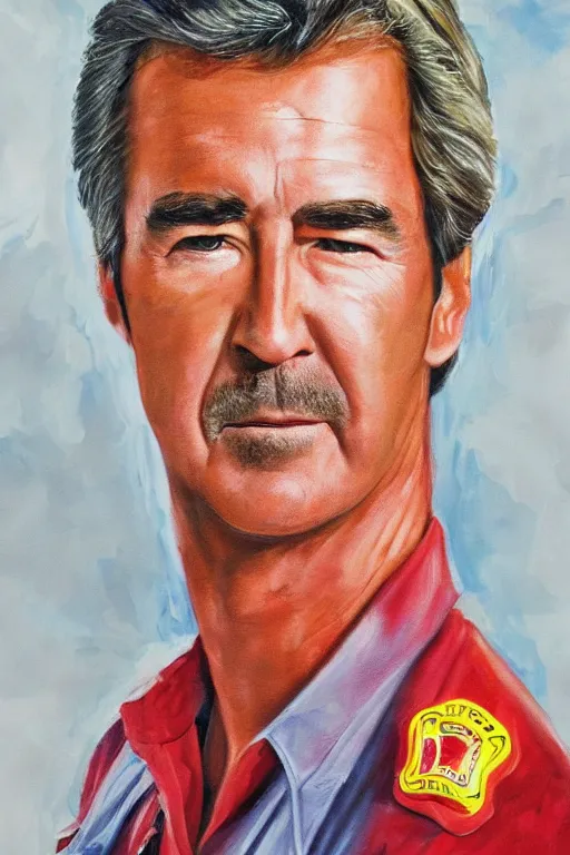 Prompt: photo realistic painting of randy mantooth as a fire fighter, vivid colours, highly detailed, dramatic lighting, exotropia eyes