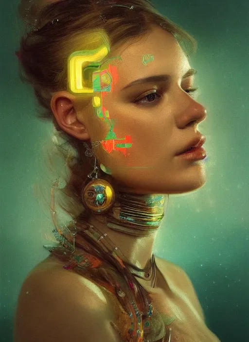 Image similar to a highly detailed photo of very intricate female face portrait, futurism, rococo cyber neon lighting, detailed futuristic fibonacci jewelry, profile posing, hyper photorealistic, trending in pinterest, cinematic, 4 k ultra hd, by denis villeneuve tom anders zorn hans dragan bibin thoma greg rutkowski ismail inceoglu illustrated sand storm alphonse mucha