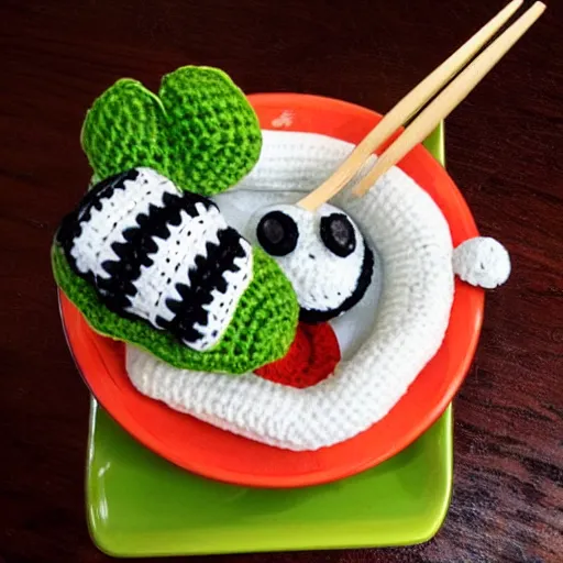 Prompt: crochet octopus eating sushi, photo realistic, indoor lighting