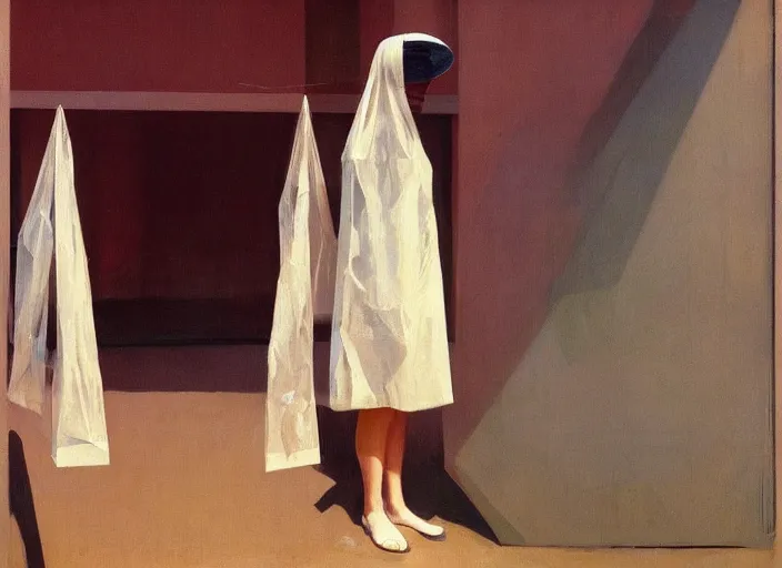 Prompt: woman in a translucent dress made from plastic bag holding ice cream with paper bags for clothes standing inside paper bags with paper bag over the head at store display Edward Hopper and James Gilleard, Zdzislaw Beksinski, highly detailed