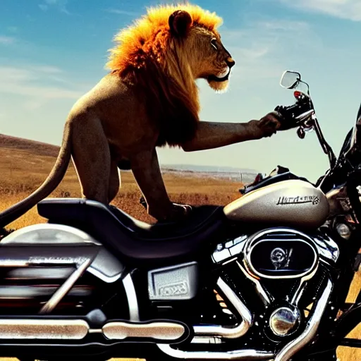 Image similar to a cool lion on a Harley Davidson on the road, cinematic