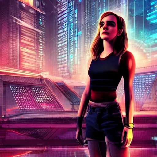 Prompt: Emma Watson full body shot, the background is a huge futuristic city, cyberpunk style futuristic neon lights, artstation cgsociety masterpiece highly-detailed