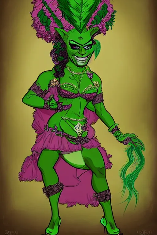 Prompt: d&d character artwork of a green-skinned orc drag queen, drag queen orc in frilly rococo ballgown and wearing a huge rococo powdered wig