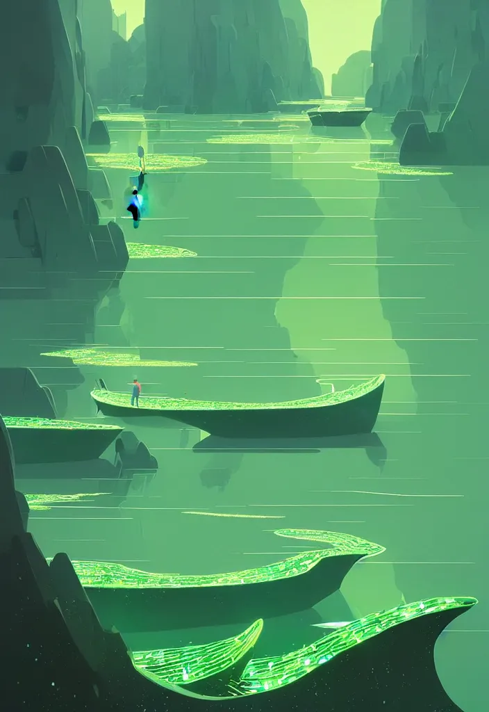 Image similar to by moebius and atey ghailan | a bright green river with clear crystal boats moving up and down it |