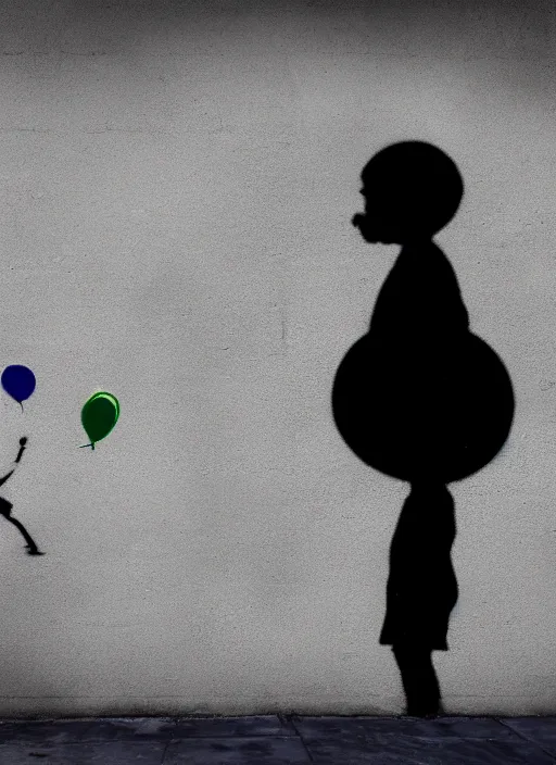 Image similar to a side profile of a black and white graffiti of boy holding a single dark blue balloon on a concrete background in the style of Banksy, graffiti, digital art