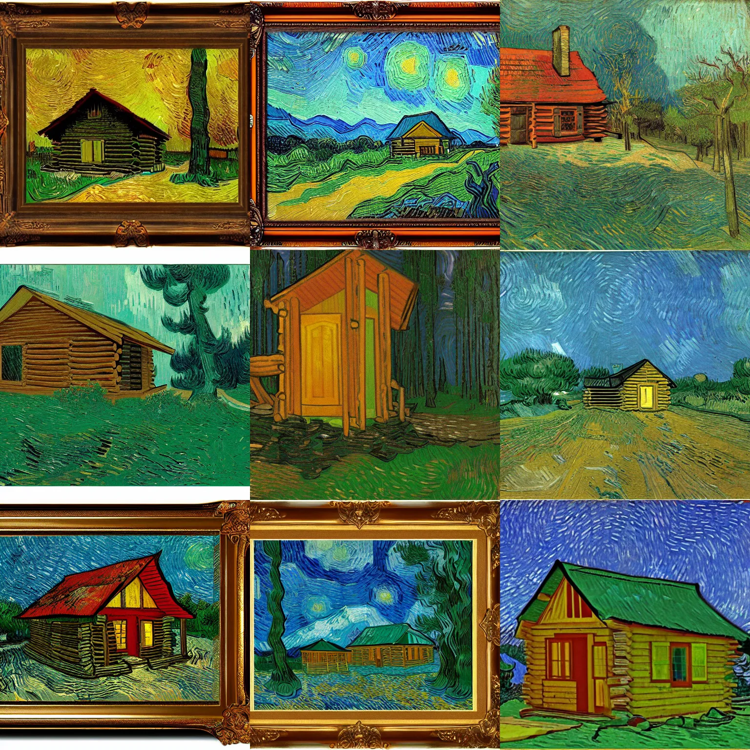 Prompt: [ a log cabin in the forest ] [ van gogh ] [ cinematic matte ]