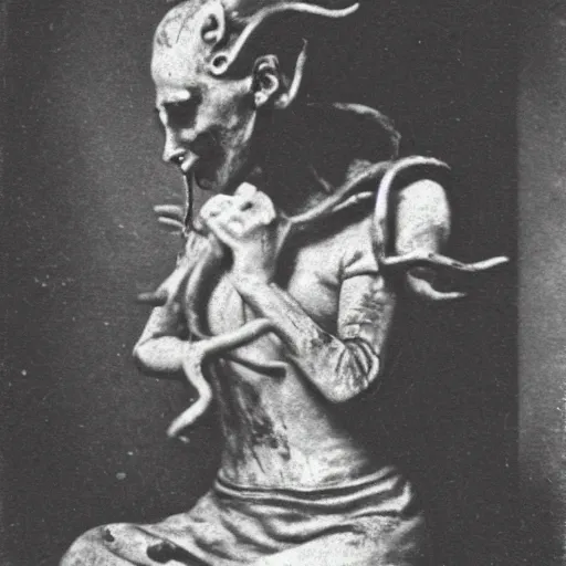 Image similar to 1860 photo of an ancient demon-girl devouring his own soul on an abandoned hospital, spooky