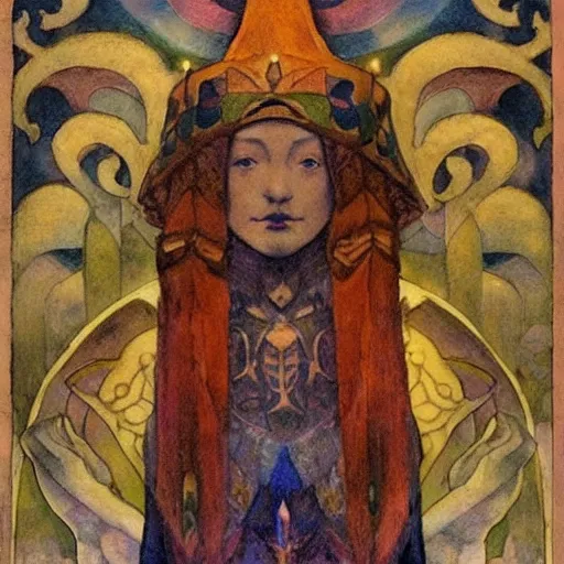 Image similar to the lantern crown, by Annie Swynnerton!!!! and Nicholas Roerich! and (Edmund Dulac) and ((((Diego Rivera)))), tattoos, elaborate costume, geometric ornament, symbolist, rich colors, dramatic lighting, smooth, sharp focus, extremely detailed