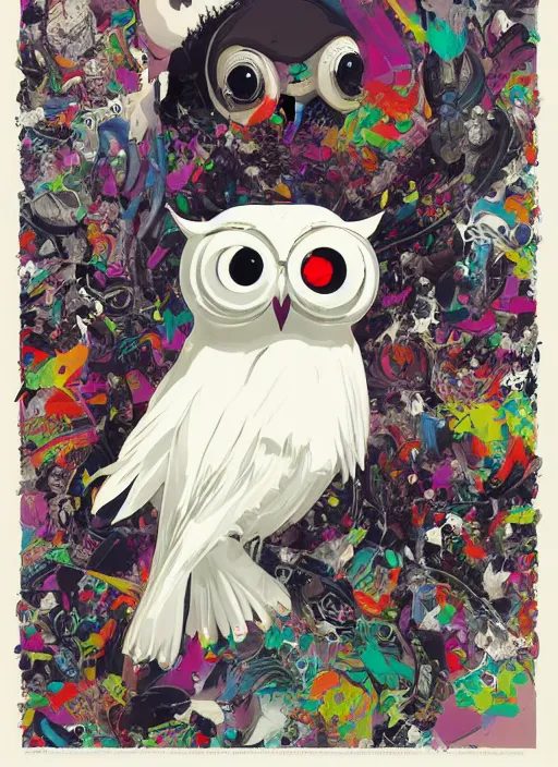 Image similar to arrogant elegant medium shot of white one - eyes owl dressed in samurai garment, pixiv fanbox, dramatic lighting, maximalist pastel color palette, splatter paint, pixar and disney exploded - view drawing, graphic novel by fiona staples and dustin nguyen, peter elson, alan bean, wangechi mutu, clean cel shaded vector art, trending on artstation