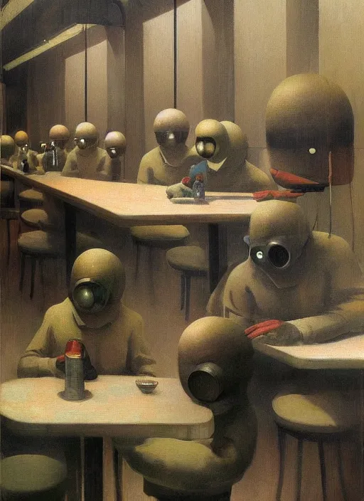 Image similar to spherical people gas masks at flooded restaurant Edward Hopper and James Gilleard, Zdzislaw Beksinski highly detailed