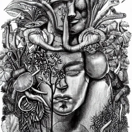 Prompt: botanical sketch of The thinker sculpture with a mechanical/cybernetic head, mushrooms and peyote at the base, surrounded by a lush jungle and vines, high detail, b&w,