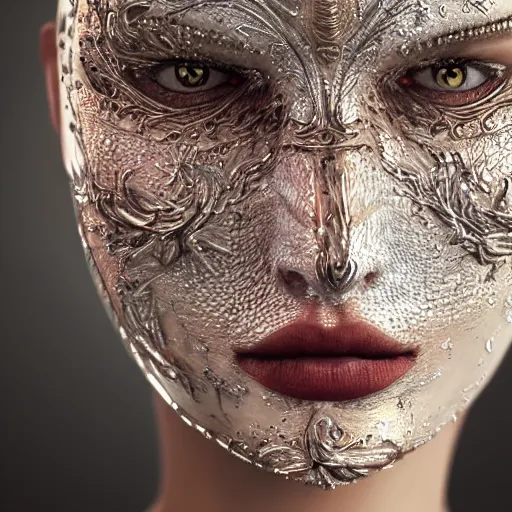 Image similar to a close up of a person wearing a mask, a photorealistic painting by csaba markus, shutterstock contest winner, art photography, behance hd, daz 3 d, androgynous