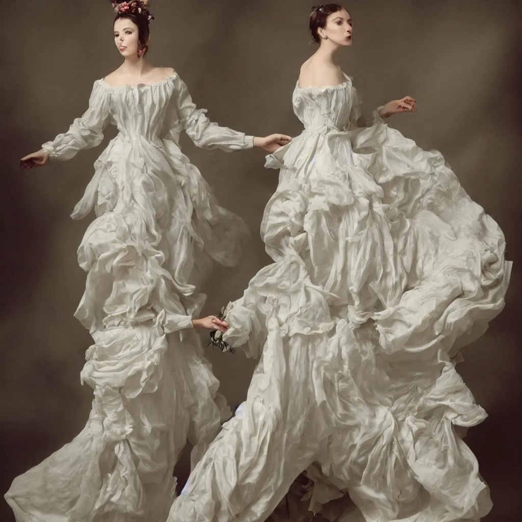 Image similar to woman_dressed_in_a_vaporous_wrapped_large_victorian_cream_roses_silk_semi-transparent_blue_and_cream_dress_fashion_is_running_DDfantasy