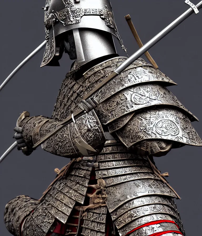Image similar to detailed photorealistic ancient japanese samurai warrior soldier ⚔ 🪖 ⛩ with traditional japanese engravings and ornamentation on armour and weapons, and shining metallic 3 d surfaces, japanese calligraphy, wide angle, 3 d