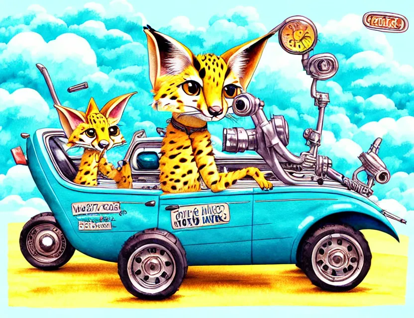 Prompt: cute and funny, serval riding in a tiny hot rod with oversized engine, ratfink style by ed roth, centered award winning watercolor pen illustration, isometric illustration by chihiro iwasaki, edited by range murata, tiny details by artgerm and watercolor girl, symmetrically isometrically centered