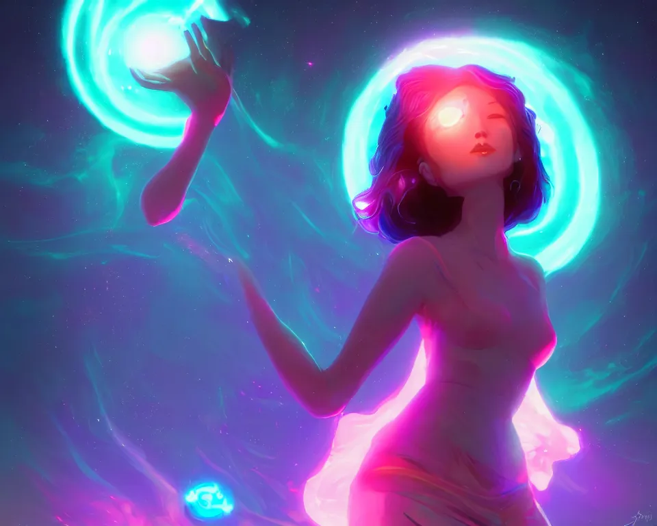 Image similar to a beautiful whimsical woman standing under a multi-colored binary blackhole with an accretion disc, casting magic, glowing trails following her arms, acidwave, by Lois van Baarle, by Greg Rutkowski, by artgerm, by beeple, by studio ghibli, cinematic angle, volumetric lighting, 4k resolution, octane render, trending on artstation, masterpiece