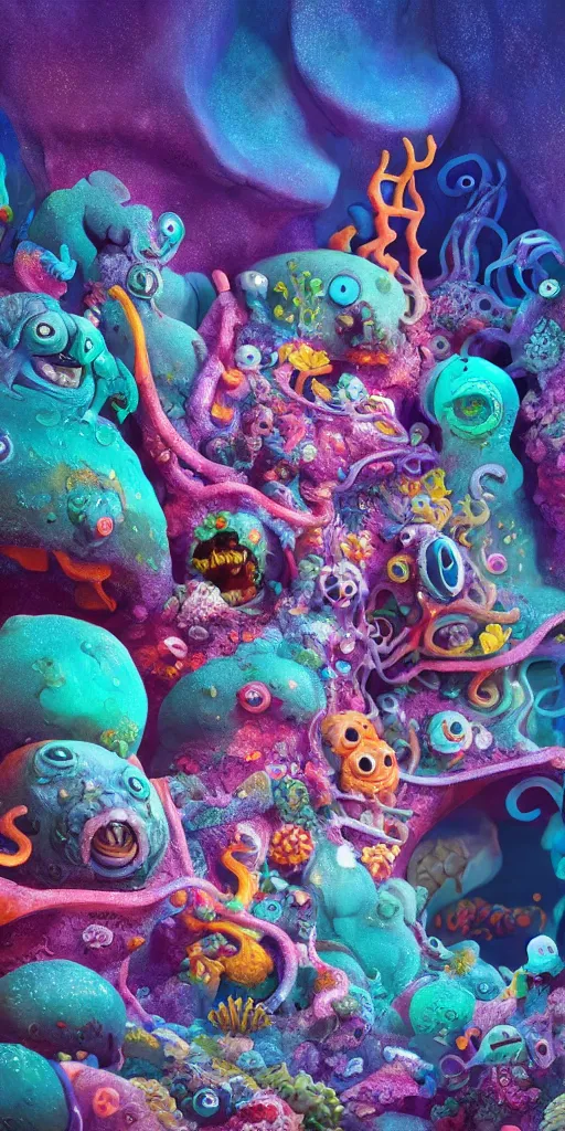 Image similar to of a colorful deep sea cave with strange cute friendly happy creatures with huge eyes, mouth, long tongue and round teeth appearing from sandy coral, in the style of gehry and gaudi, macro lens, shallow depth of field, ultra detailed, digital painting, trending artstation, concept art, illustration, cinematic lighting, photorealism, epic, octane render