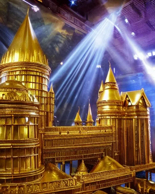 Prompt: a beautifulharry potter school of wizardry, massive golden palace, beautiful architecture, low vantage point, cinematic photography, light rays, complex structure, incomprehensible scale