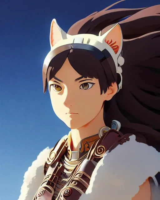 Image similar to azctec warrior, cat girl, finely detailed perfect face, exquisite details, fire magic, mid view, design on a white background, by studio muti, greg rutkowski makoto shinkai takashi takeuchi studio ghibli