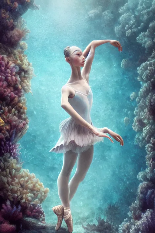 Image similar to ballerina alone at the bottom of the great barrier reef by jaques cousteau, perfect face, smooth, focus, highly detailed, hyper realistic, intricate, concept art, art by wlop