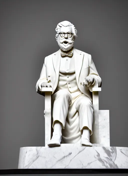 Image similar to colonel sanders as calacatta marble statue by michaelangelo, high lights, 4 k, high detailed photography, 5 0 mm lens, depth of field, cinematic