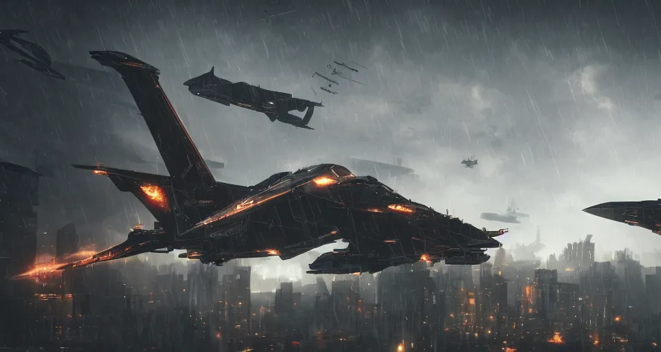 Image similar to sci-fi warplane in a cyberpunk medieval gothic dark-ages city, rich contrast, sci-fi warplanes in the lightning-storm sky, feeling of grimdark and gothic horror, explosions and fire, hyperrealistic, octane render, unreal engine, Cryengine 8k UHD