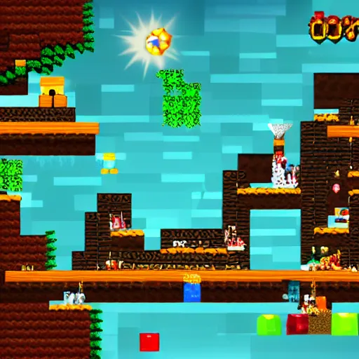 Image similar to Donkey Kong Country level depicting a beautiful mine with shiny crystals on the wall, floating barrels and minecarts. In-game screenshot