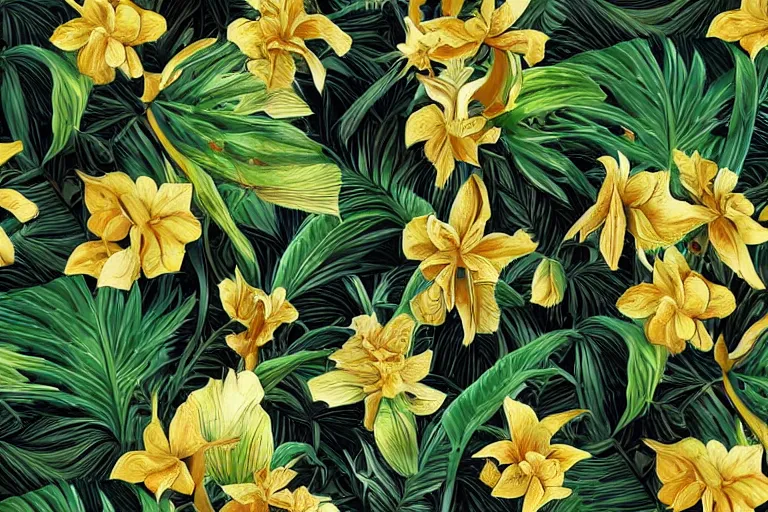 Image similar to photorealistic print of exotic, elegant tropical prints : : black background, green surreal plants, golden flowers, art nouveau, trending on artstation