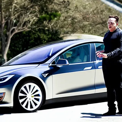 Prompt: elon musk about to get run over by a rogue tesla