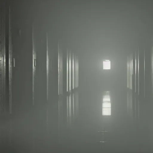 Prompt: the eerie halls of the scp foundation, unnerving mist, liminal