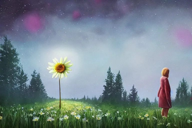 Image similar to large daisy flower over head, girl walking in forest, surreal photography, dark night, stars, moon light, impressionist painting, clouds, digital painting, artstation, simon stalenhag