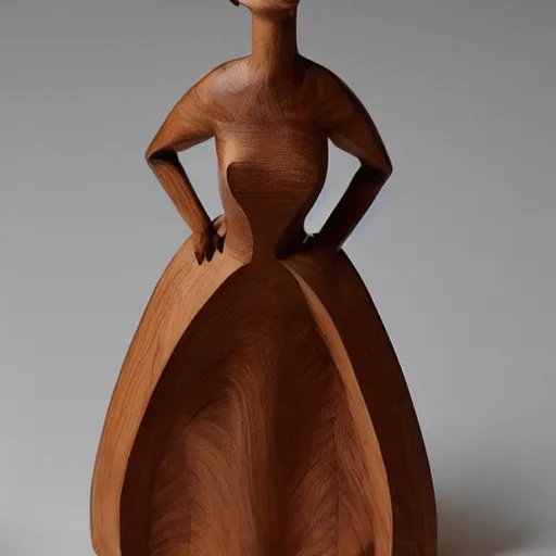 Image similar to Wood sculpture of a woman in a dress, studio lighting