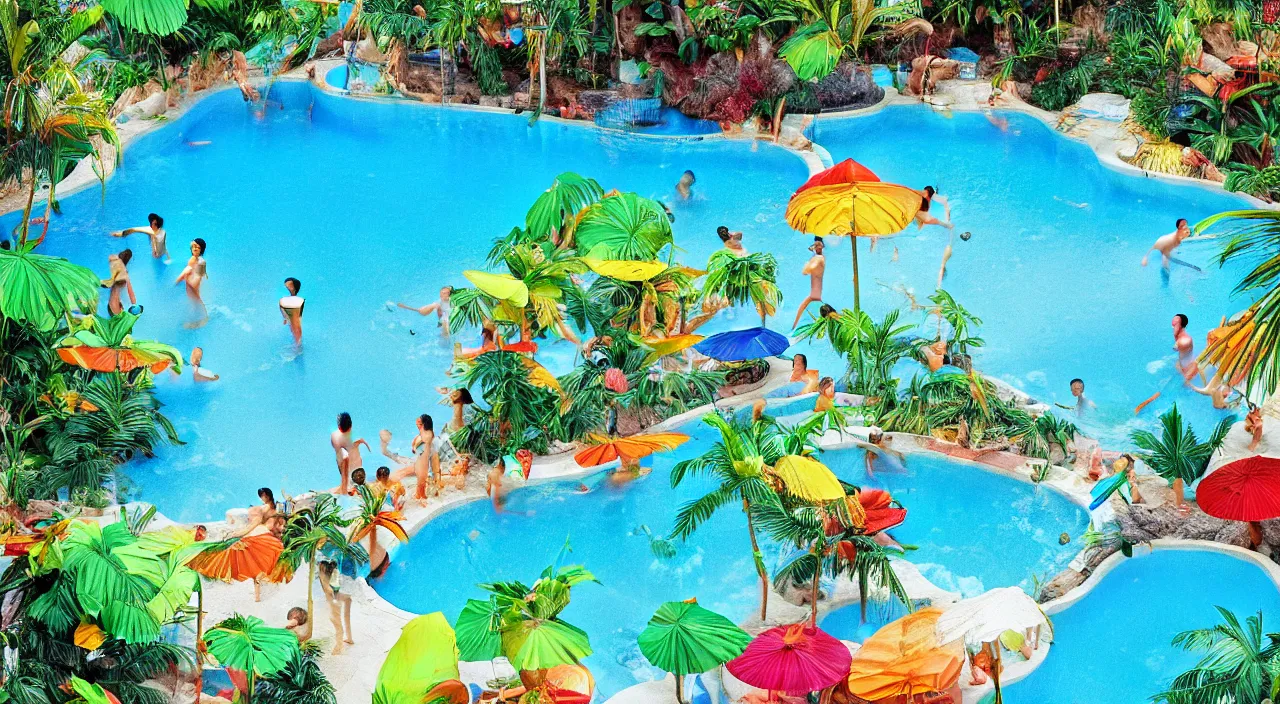 Prompt: a beautiful day at a tropical pool,colorised,photograph