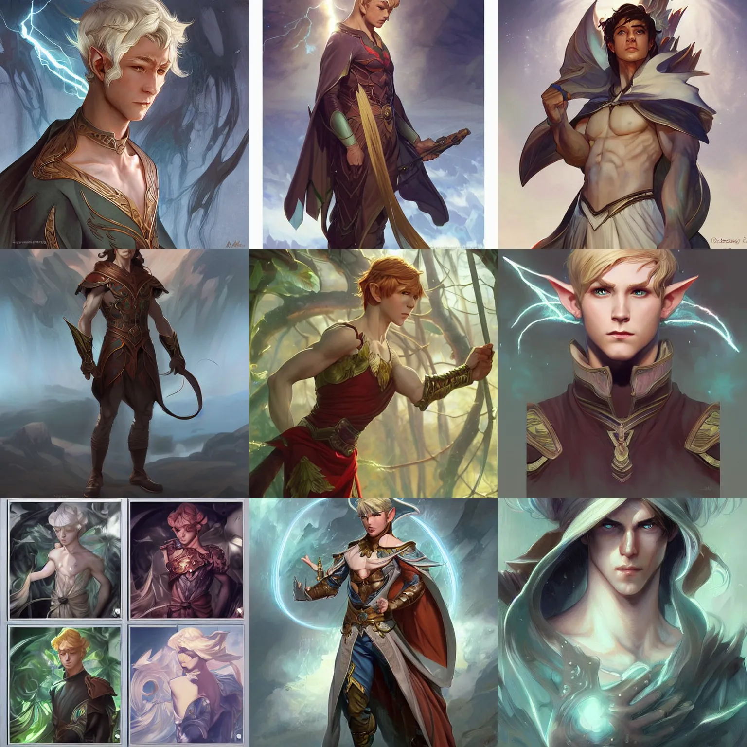 Prompt: character concept art, distant centralized, elf prince. Detailed, high quality, dynamic lightning, fantasy. Artwork by artgerm, WLOP, alex ross, greg rutknowski, Alphonse Mucha