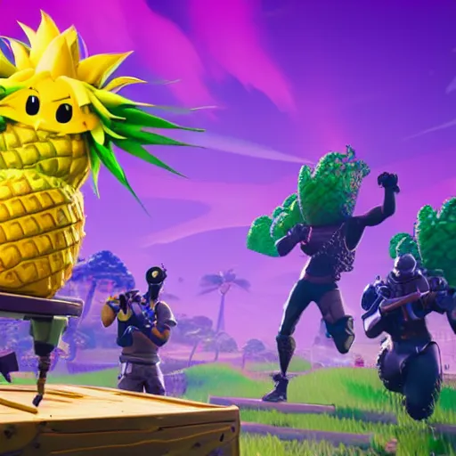 Prompt: anthropomorphic pineapple playing the video game fortnite, the pineapple is filled with beans