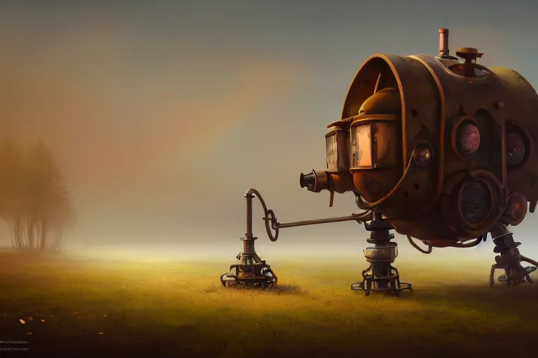 Image similar to a walking magic house with two mechanical legs, rust, hyperrealistic, highly detailed, cinematic, single ray of sun, fog, beautiful, cgssociety, artstation, 8 k, oil painting