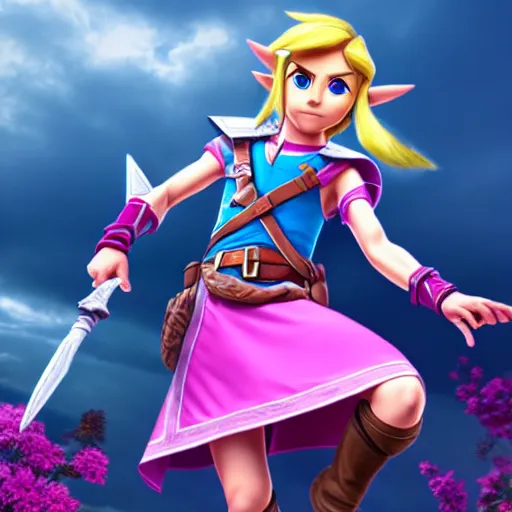 Image similar to Link from The Legend of Zelda in a pink dress, fully detailed, high quality , 4k , octane render , soft lightening , masterpiece