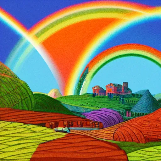 Image similar to A utopian landscape filled with rainbows, in the style of ivan rabuzin