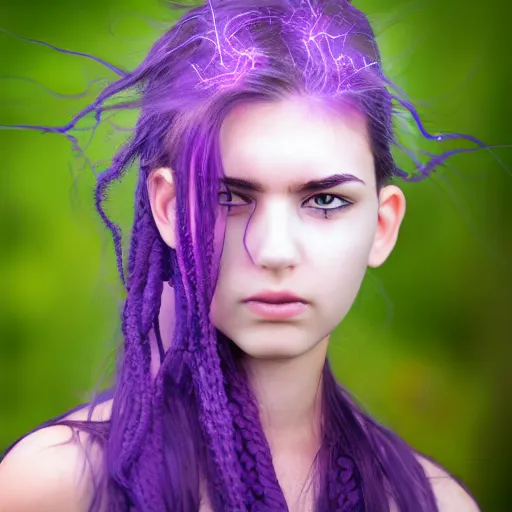 Image similar to detailed photo portrait of a furious teen girl with thin, hair-like purple tentacles on her head and bright purple eyes, 8k, trending on DeviantArt, face enhance,hyper detailed ,full of colour, dramatic lightning