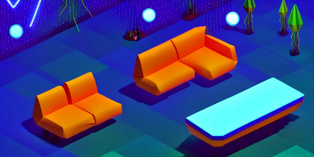 Image similar to isometric object is a low poly isometric sofa with alien aesthetic inspired by pandora in the avatar movie, it has bioluminescent plants growing on top of it, beautiful neon orange - yellow with blue hints and it's bedecked with some sparkling crystals all over the place. a dark place, night isometric ambient black background neon. behance, pinterest