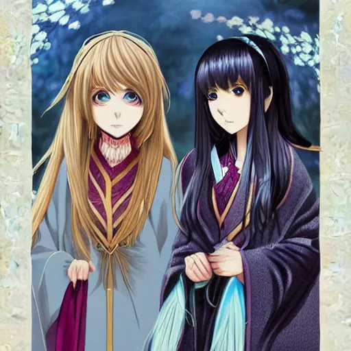 Prompt: two gorgeous female wizards standing face to face, detailed anime art