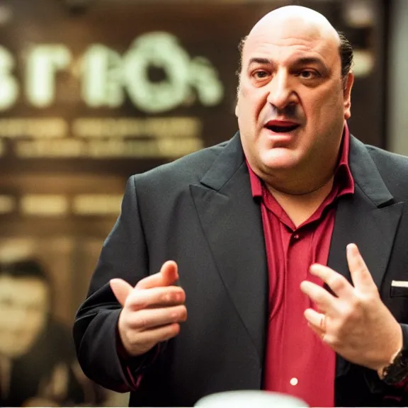 Image similar to Tony Soprano enthusiastically talking about Bitcoin at the Bada Bing