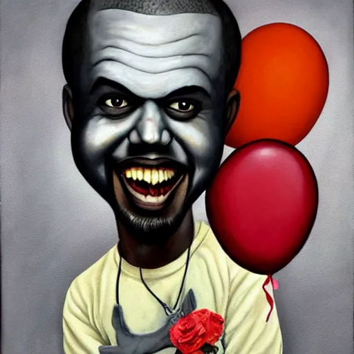 Image similar to grunge painting of kanye with a wide smile and a red balloon by chris leib, loony toons style, pennywise style, corpse bride style, horror theme, detailed, elegant, intricate