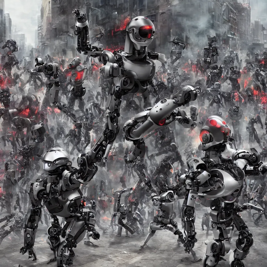 Prompt: robotic rebellion, cyborgs raise against humans in the streets, ocfane render, photo realistic, hyper realistic, 8 k resolution