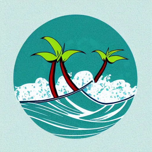 Image similar to waves in bottom front of a palm tree in front of a giant volleyball vector logo, professional sports style, flat colour, svg, professional, sharp edges