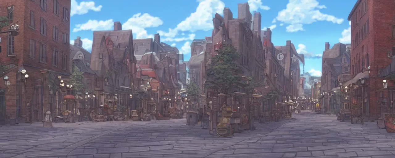 Image similar to A screenshot of the old port in old montreal city street in the scene in the Ghibli anime film, pretty rim highlights and specular