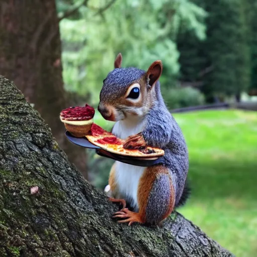 Image similar to Rocky the Squirrel having tea with pizza.