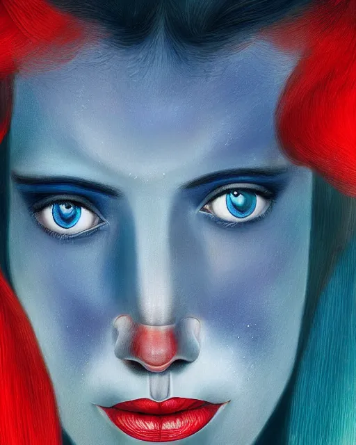 Prompt: a portrait of a beautiful woman with blue eyes and red hair, highly surrealistic face portrait in the style of Salvador Dali and Jim Warren, highly detailed, trending on artstationhq