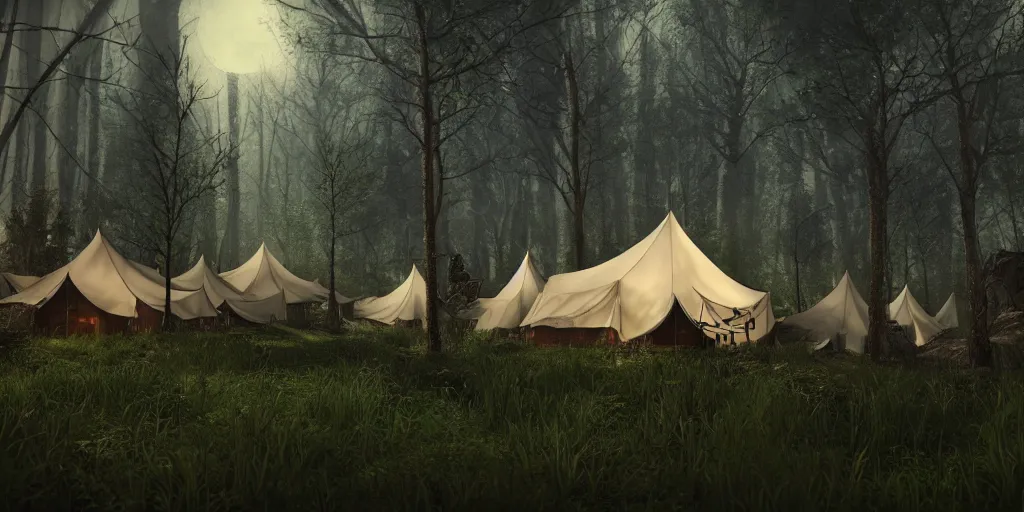 Prompt: a forest with several tents. dusk. lunarpunk. dark. gothic. wiccan. pagan. ecopunk. 8K. detailed. photorealism. trending in artstation. ultra realistic